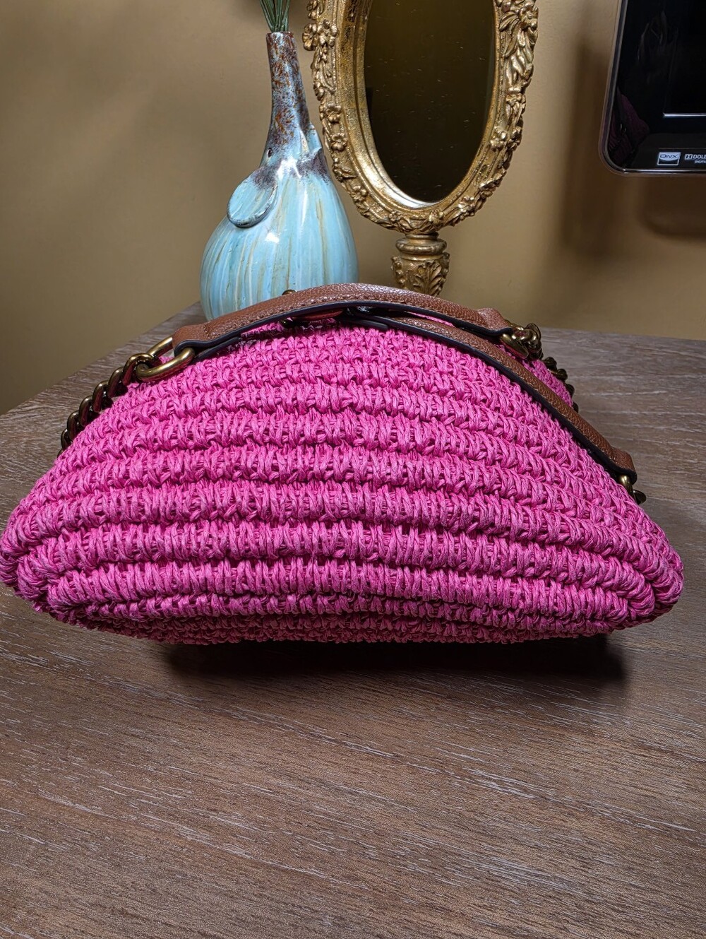 Kurt Geiger Hot Pink Brixton Raffia Chain-Handle Tote Shoulder Bag (Retail $285) - Picture 10 of 14